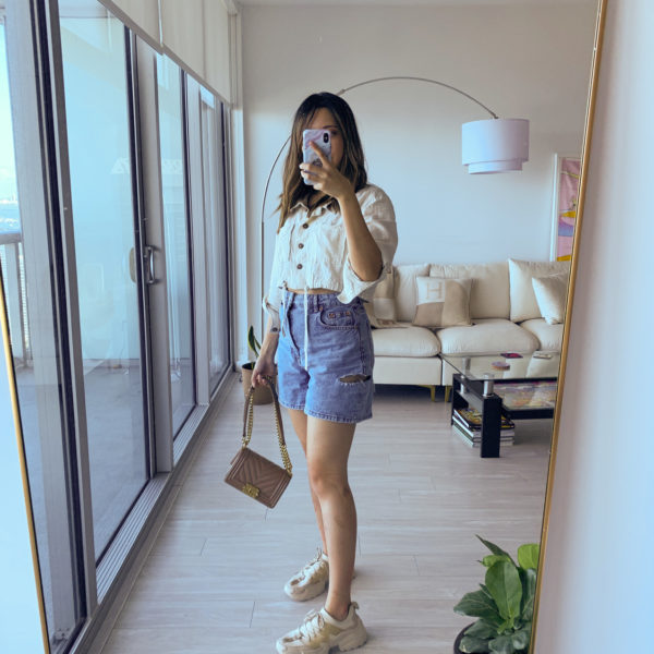 Bermuda shorts with rip and chunky sneakers