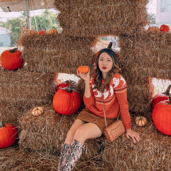 Halloween boo ghost Modcloth fair isle sweater pumpkin patch hay ride outfit